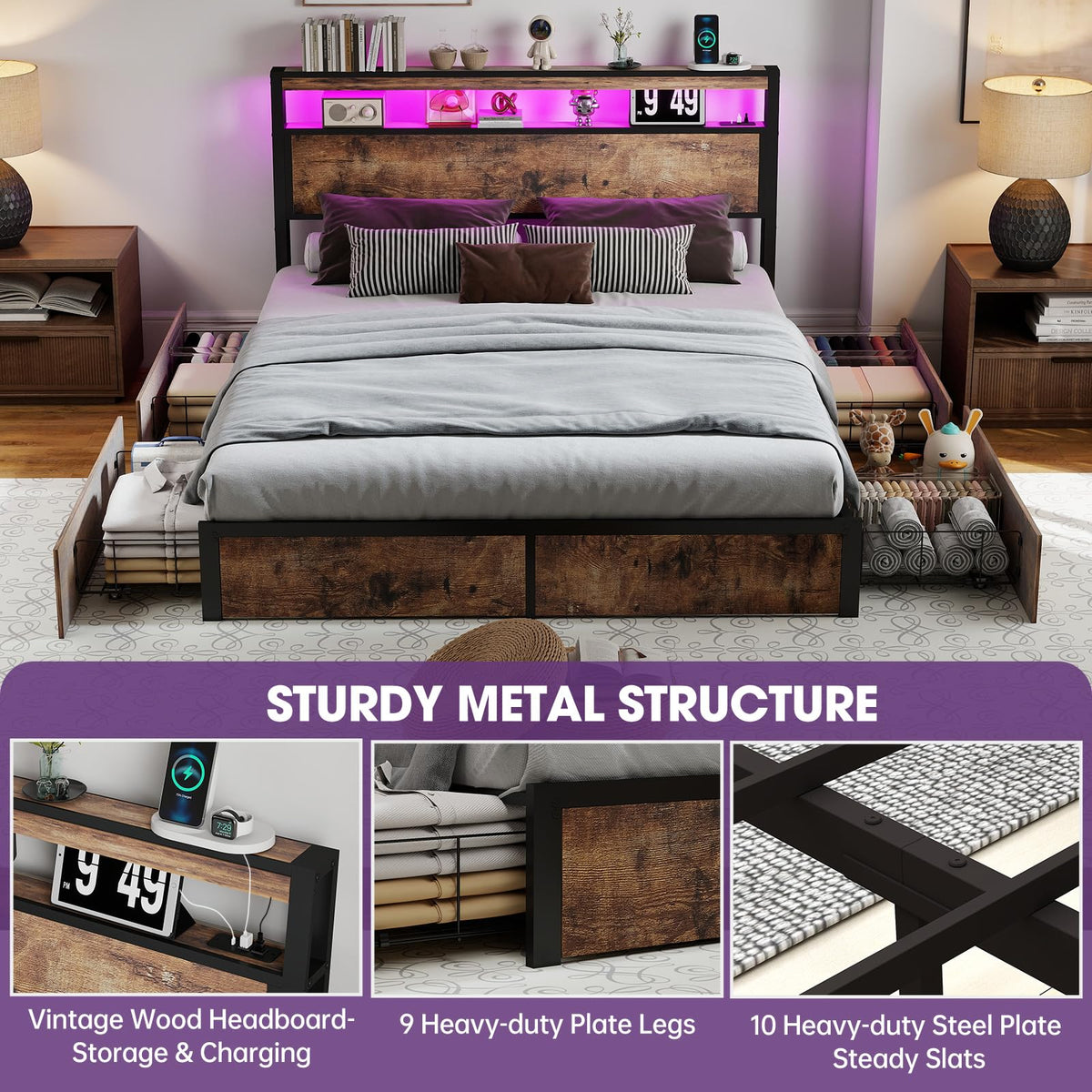 Queen Size Bed Frame with LED Light Headboard and 4 Storage Drawers D5941