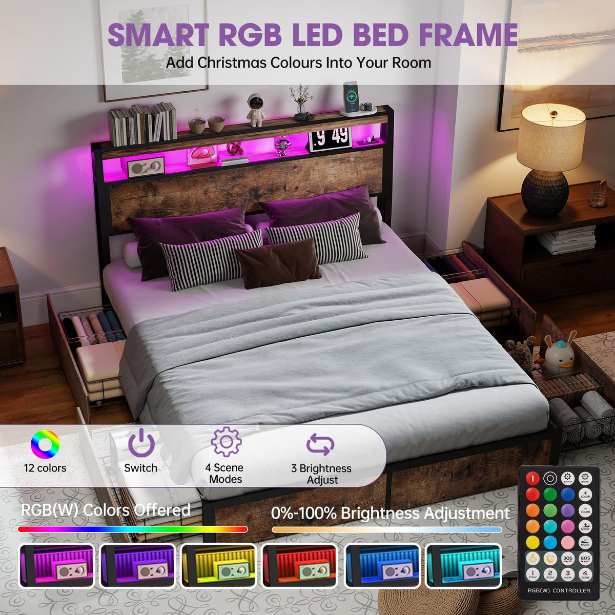 Queen Size Bed Frame with LED Light Headboard and 4 Storage Drawers D5941