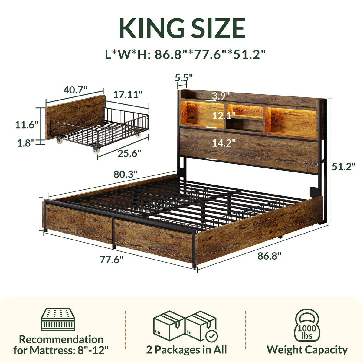 King Size Wooden Platform Bed Frame with 6 Storage Drawers and Headboard A498930