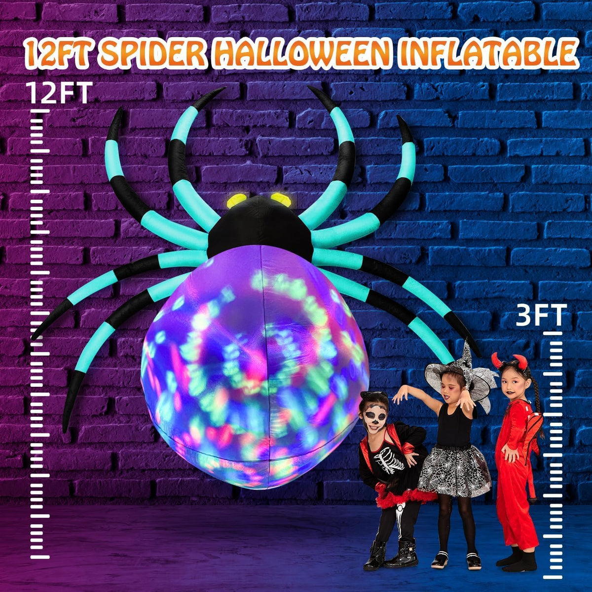 12Ft Halloween Inflatable Spider with 7-Color-Shifting Eyes T418
