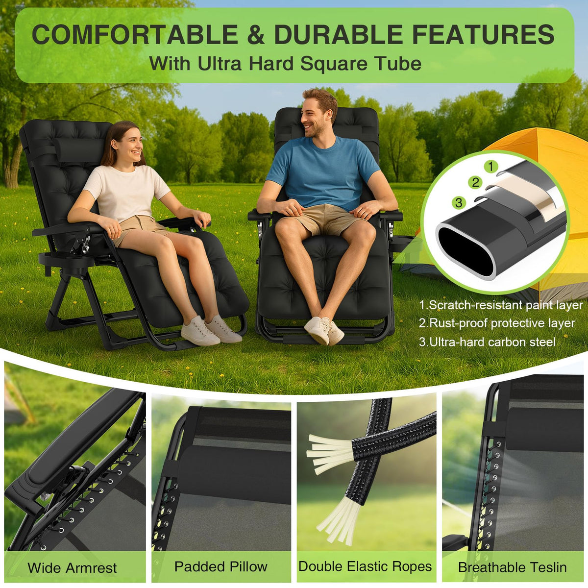 Zero Gravity Reclining Camping Chair Set of 2 with Cushion I671