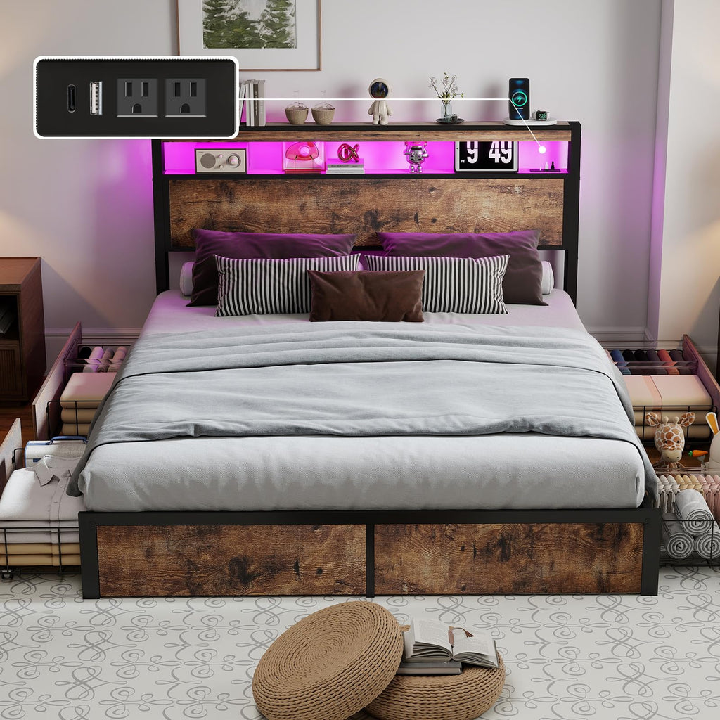 Queen Size Bed Frame with LED Light Headboard and 4 Storage Drawers D5941