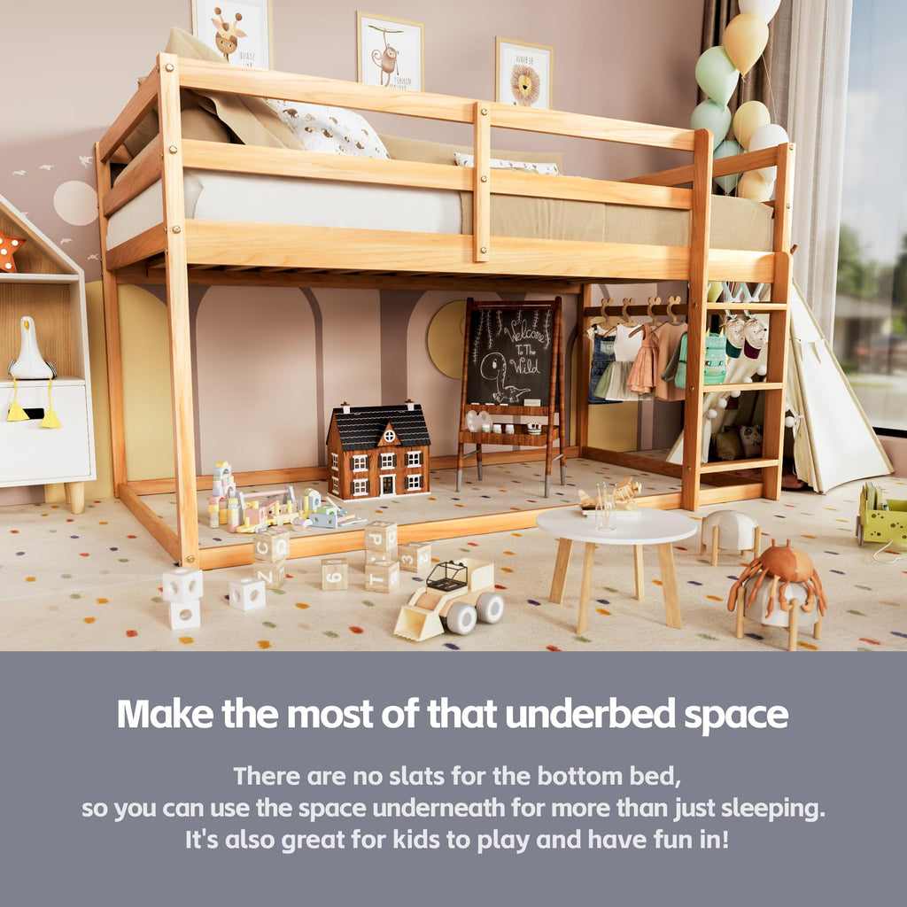 Twin Over Twin Low Bunk Bed with Ladder and Guardrails F621394