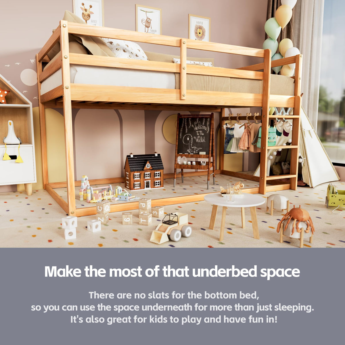 Twin Over Twin Low Bunk Bed with Ladder and Guardrails F621394