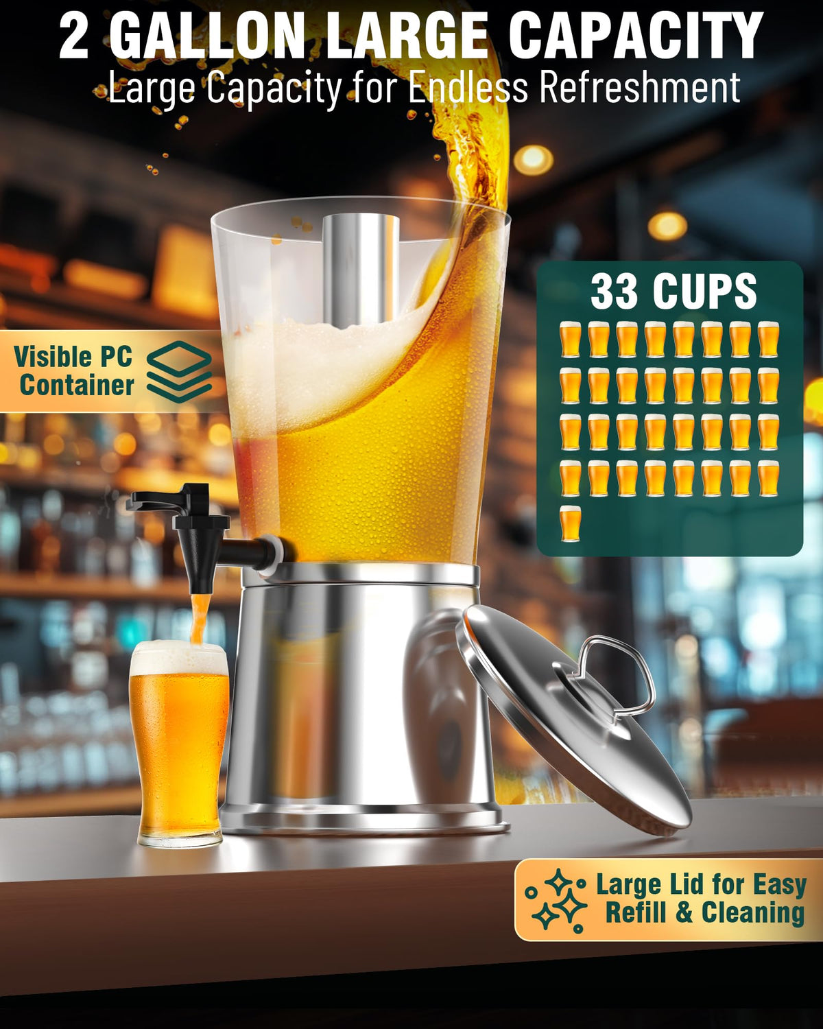 Stainless Steel Beverage Dispenser with Stand, 2 Gallons K40562