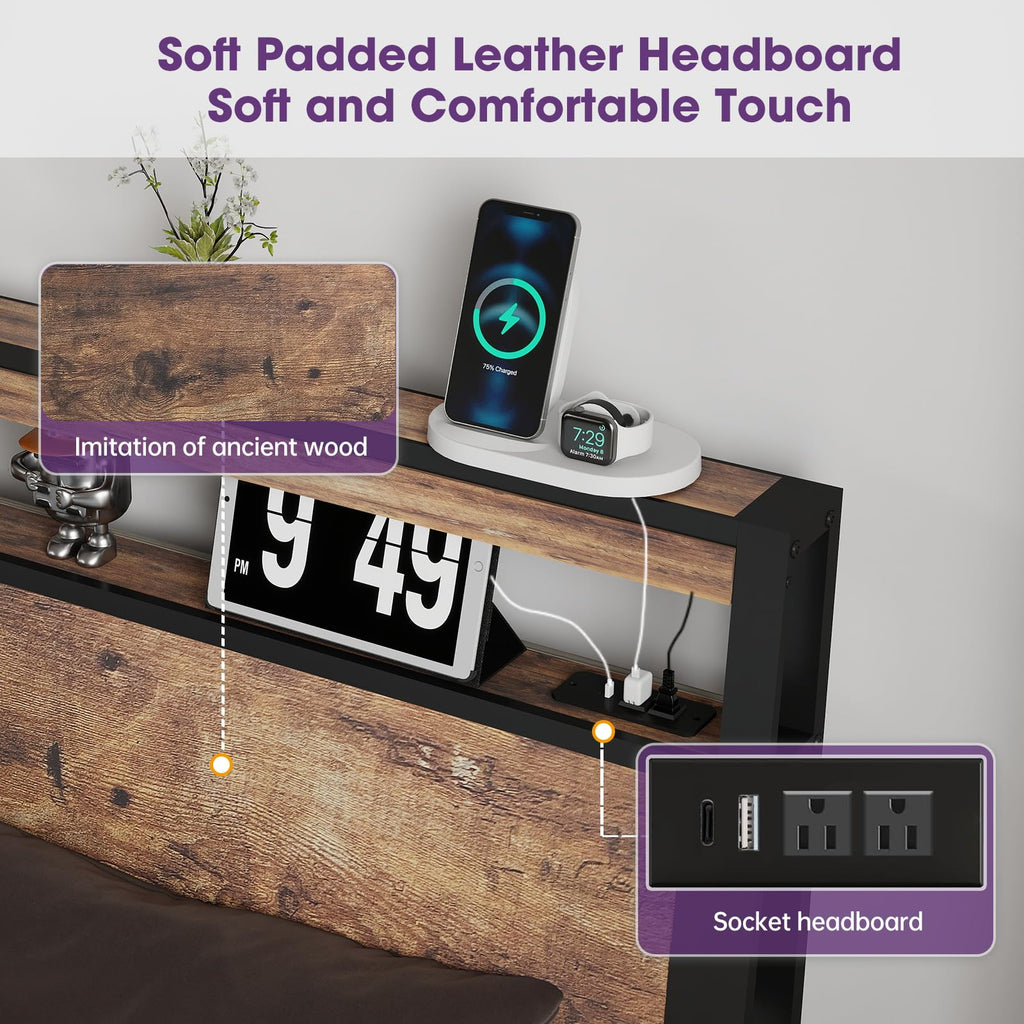 Queen Size Bed Frame with LED Light Headboard and 4 Storage Drawers D5941