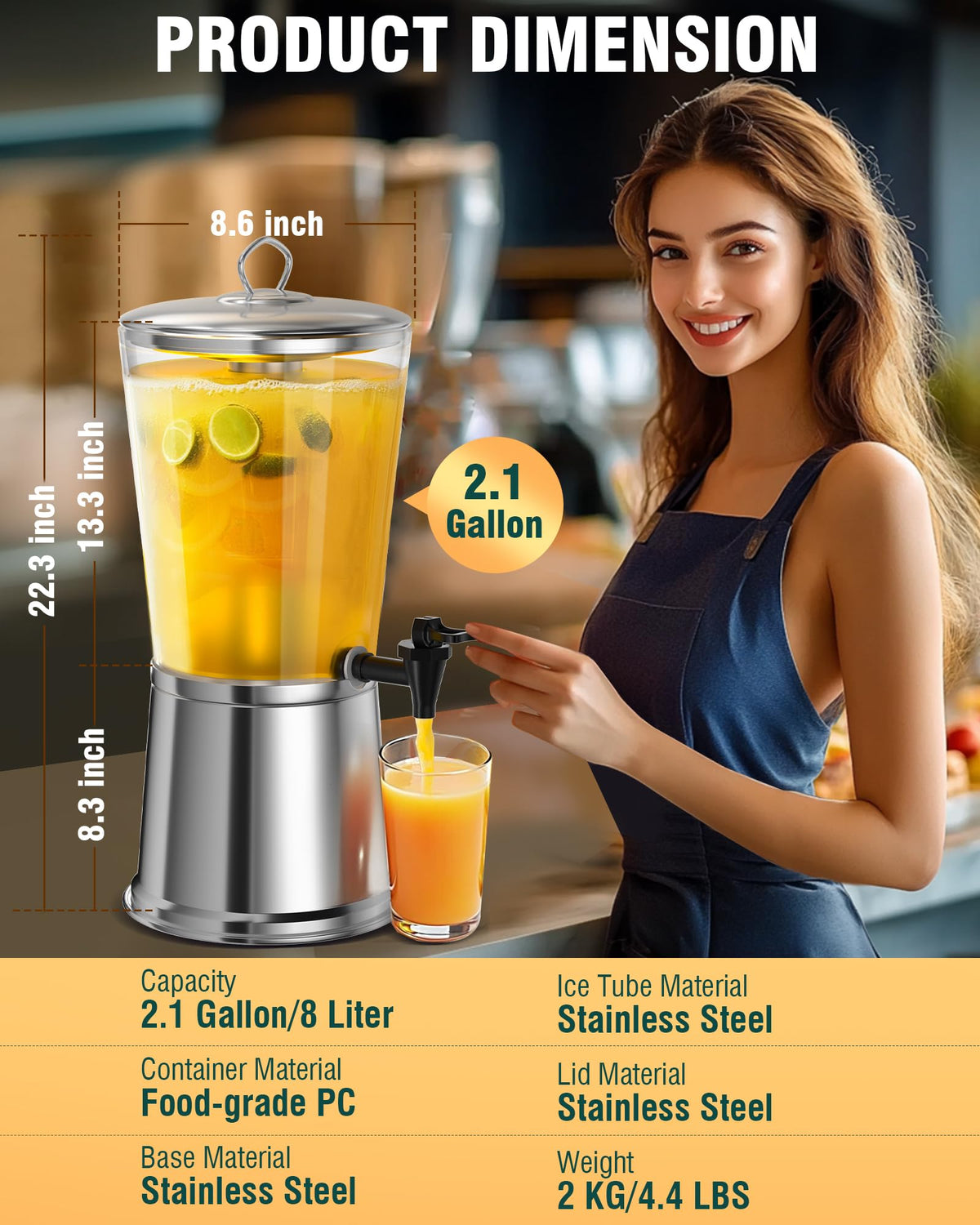 Stainless Steel Beverage Dispenser with Stand, 2 Gallons K40562
