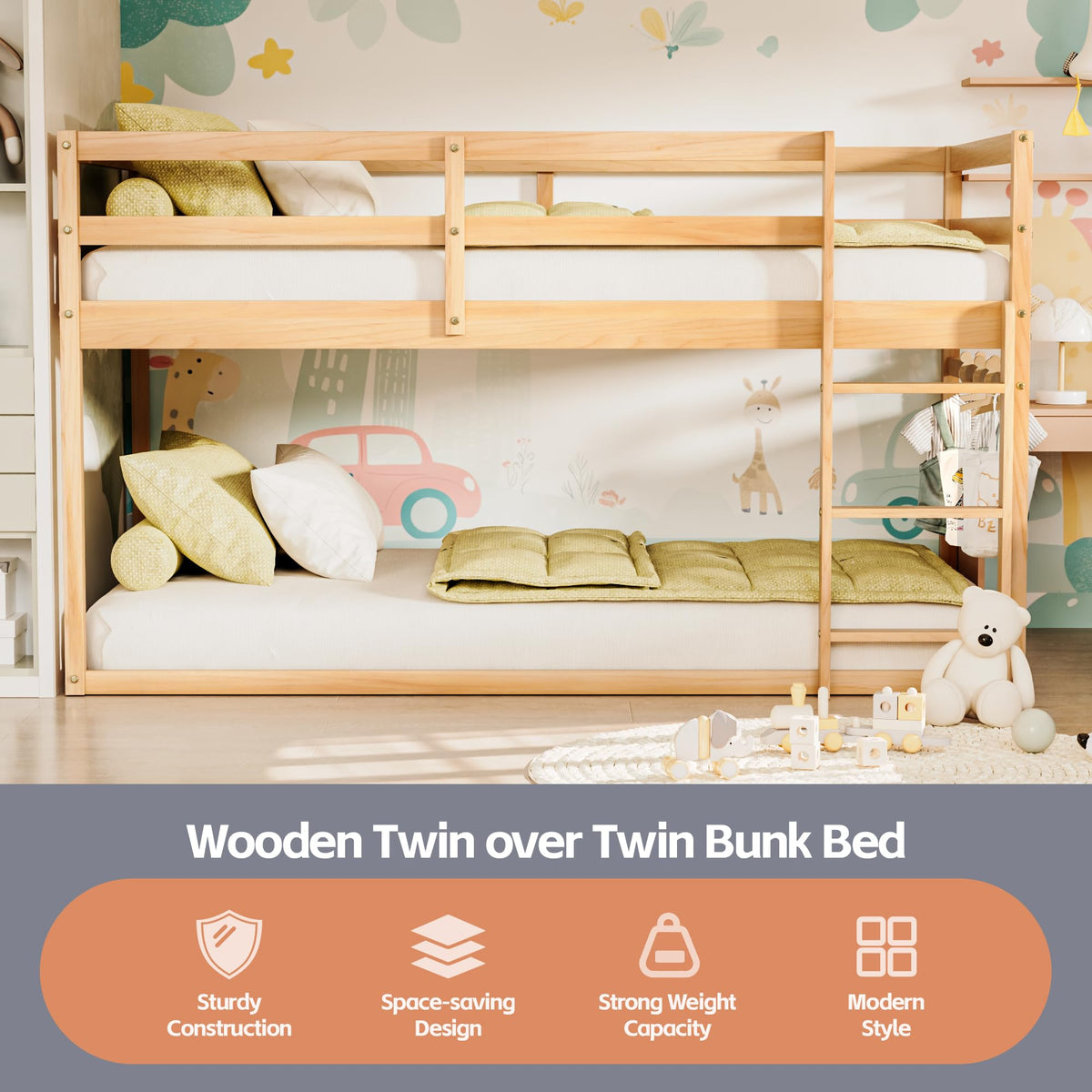 Twin Over Twin Low Bunk Bed with Ladder and Guardrails F621394