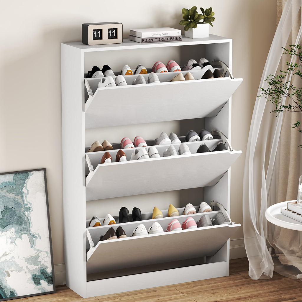 White 3 Flip Drawer Wood Shoe Cabinet T579