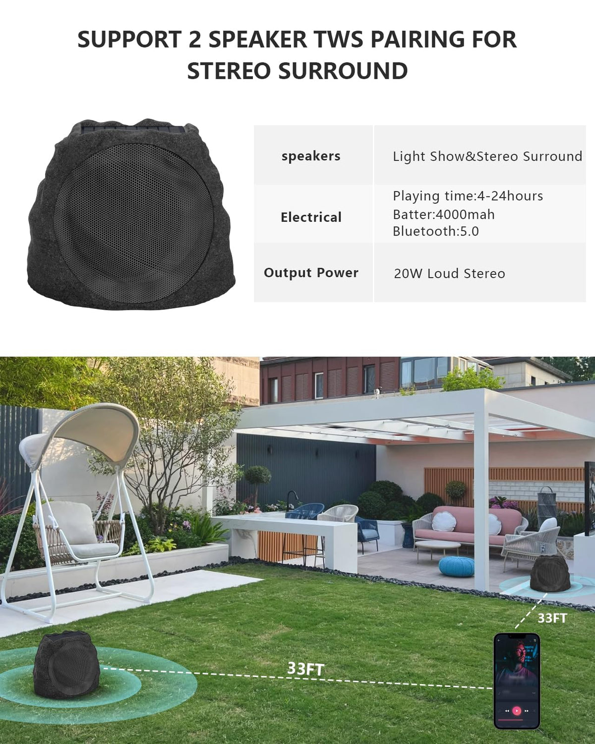 Waterproof Solar Powered Rechargeable Bluetooth Outdoor Speakers I57356