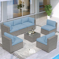 7 Piece Grey Wicker Rattan Patio Furniture Set with Glass Coffee Table F517751