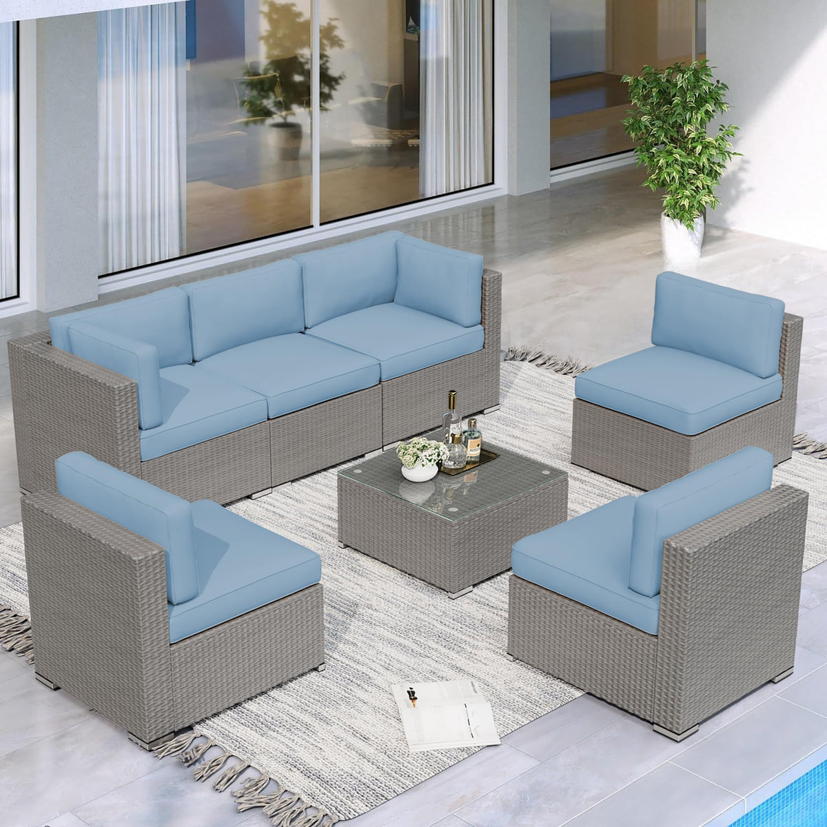 7 Piece Grey Wicker Rattan Patio Furniture Set with Glass Coffee Table F517751