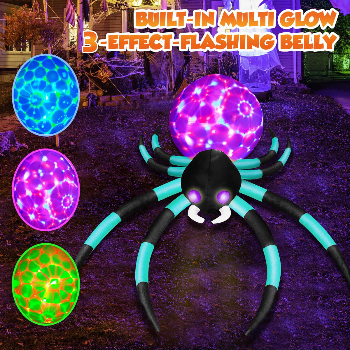 12Ft Halloween Inflatable Spider with 7-Color-Shifting Eyes T418