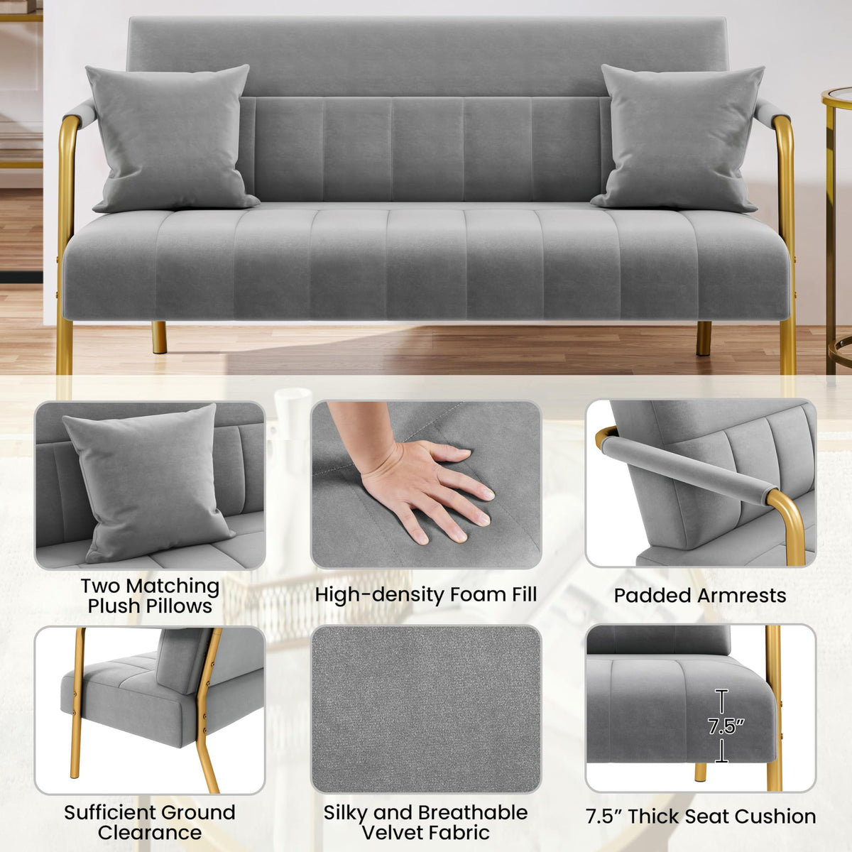 Light Gray 2 Seater Sofa with Gold-Tone Legs Q19677