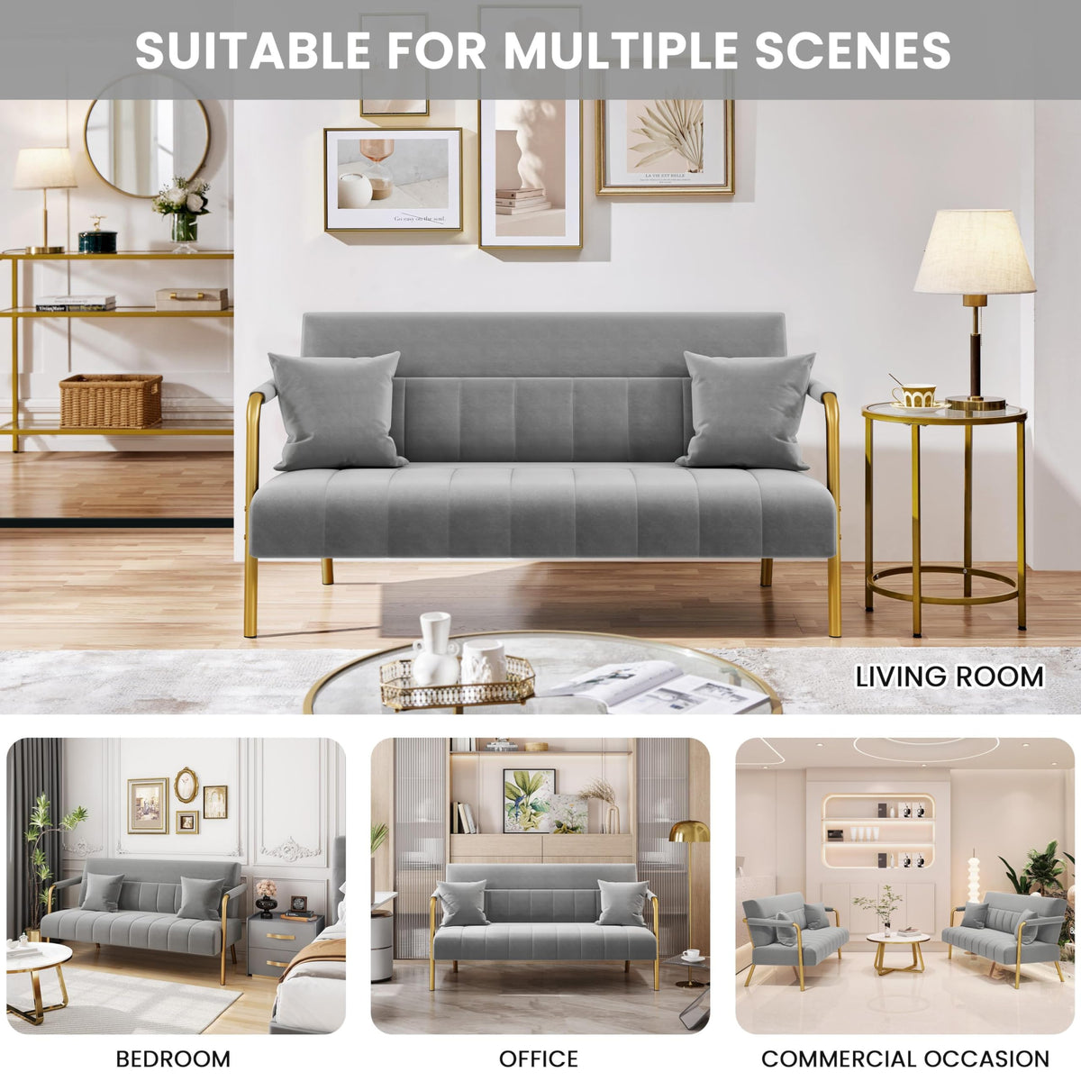 Light Gray 2 Seater Sofa with Gold-Tone Legs Q19677