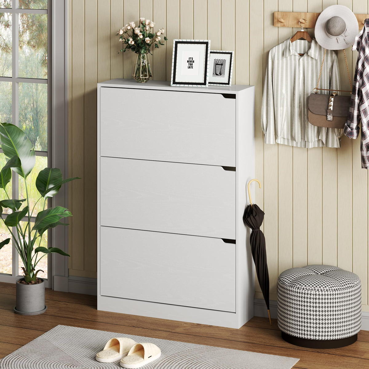 White 3 Flip Drawer Wood Shoe Cabinet T579