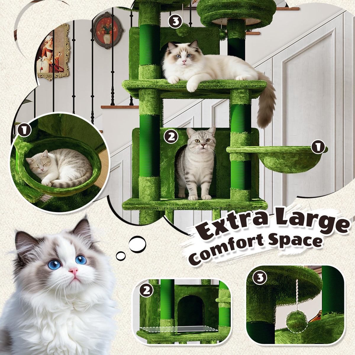 70.87" Green Multi-Level Cat Tree with Condos and Hammock F30502