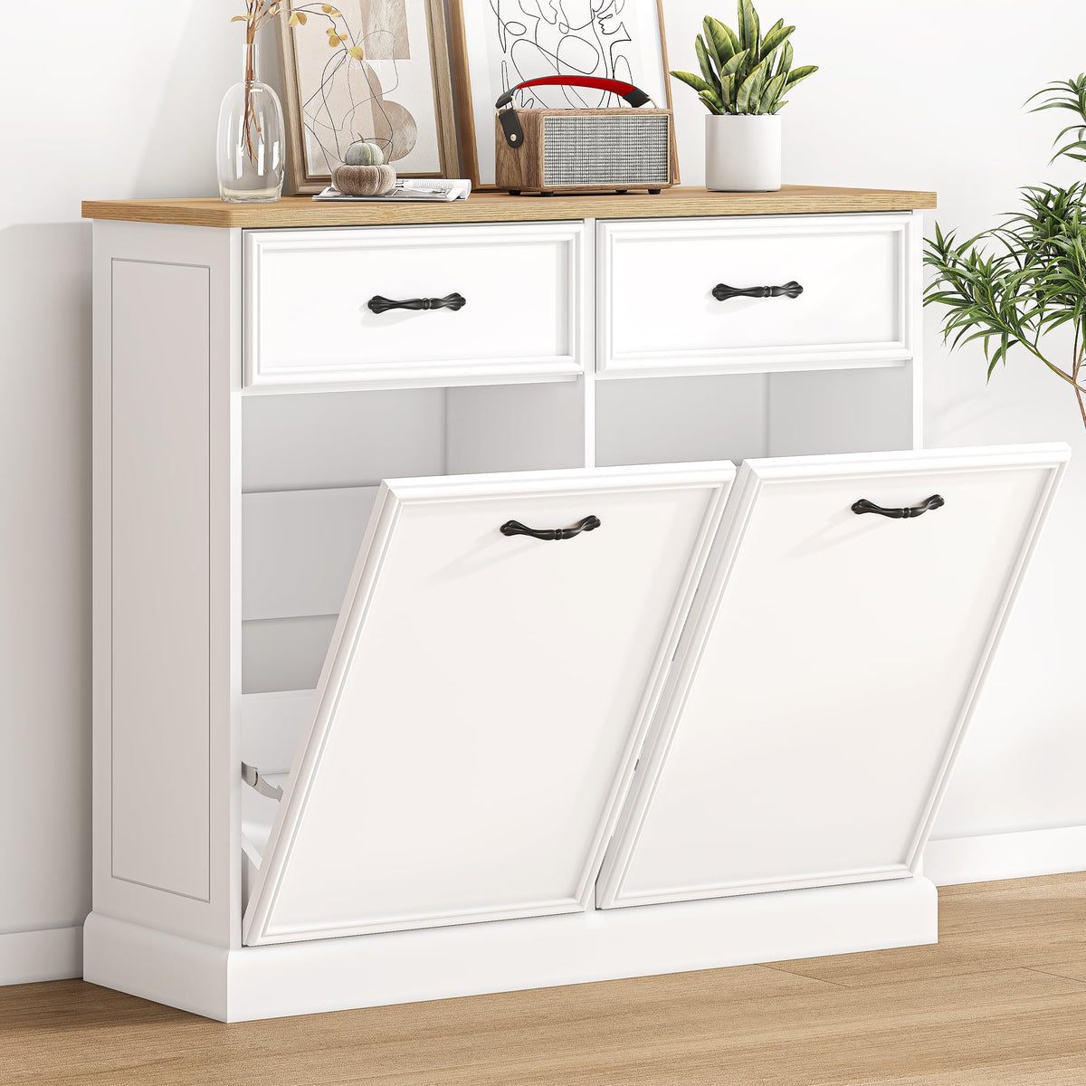 White Wooden Double Tilt Out Trash Cabinet B491