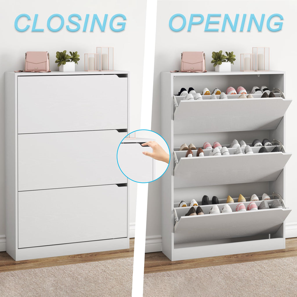 White 3 Flip Drawer Wood Shoe Cabinet T579