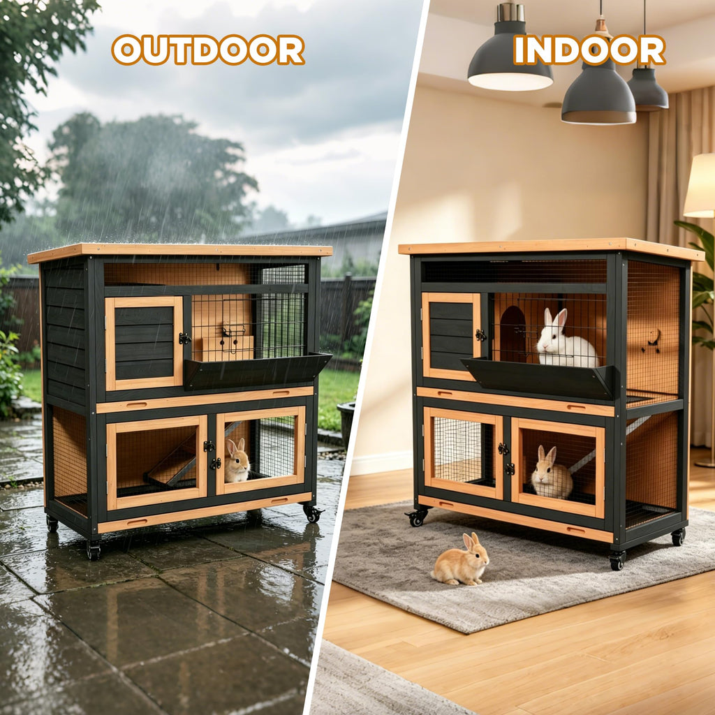 2-Story Wooden Rabbit Hutch with Wheel Y87563