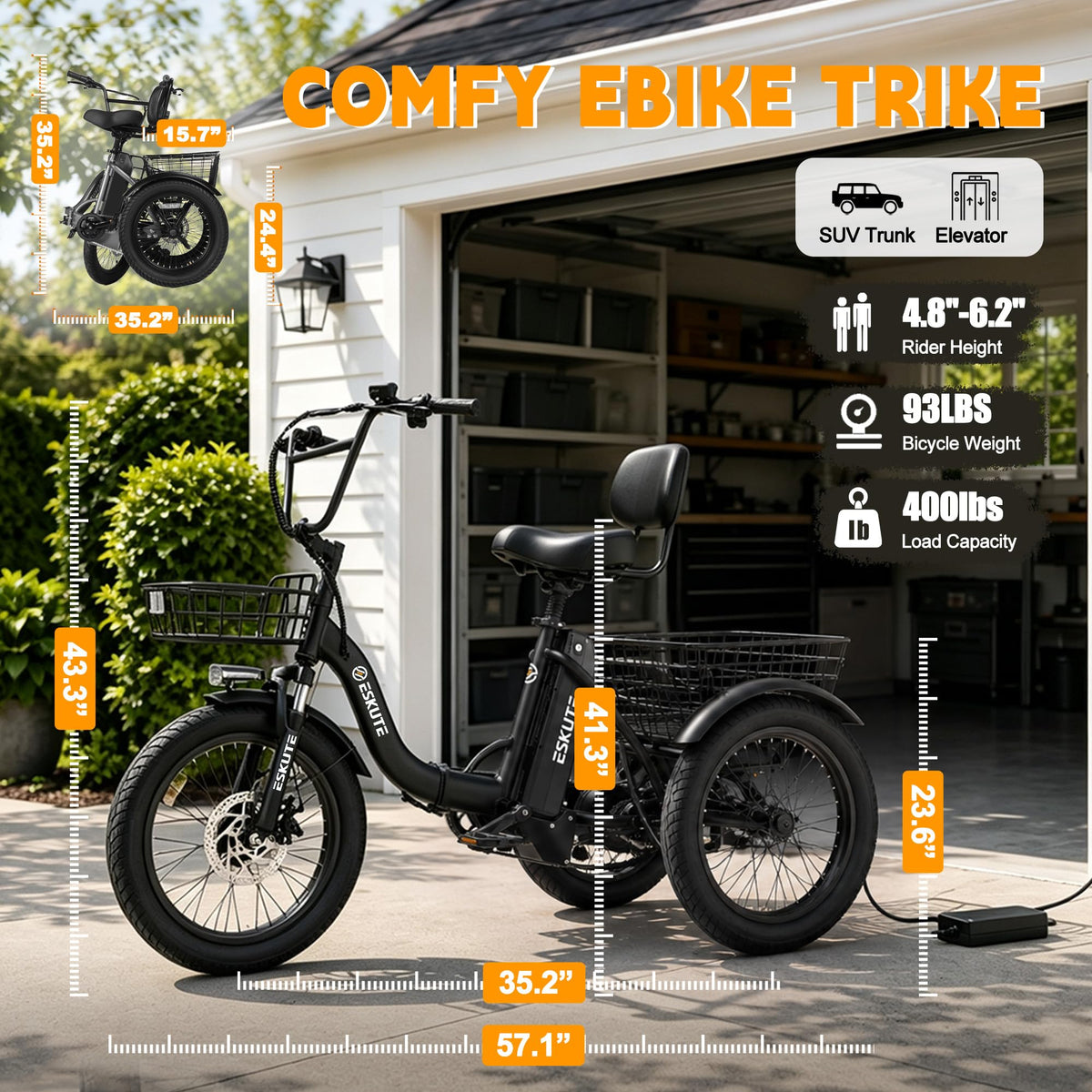 Electric Tricycle for Adults, 1200W Folding E-Trike, 48V 13Ah Battery, 18" Fat Tire 3-Wheel Electric Bike I154
