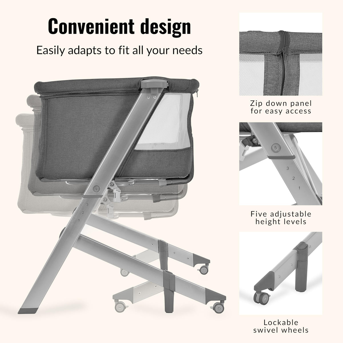 Grey Adjustable Height Bassinet & Bedside Sleeper X76381