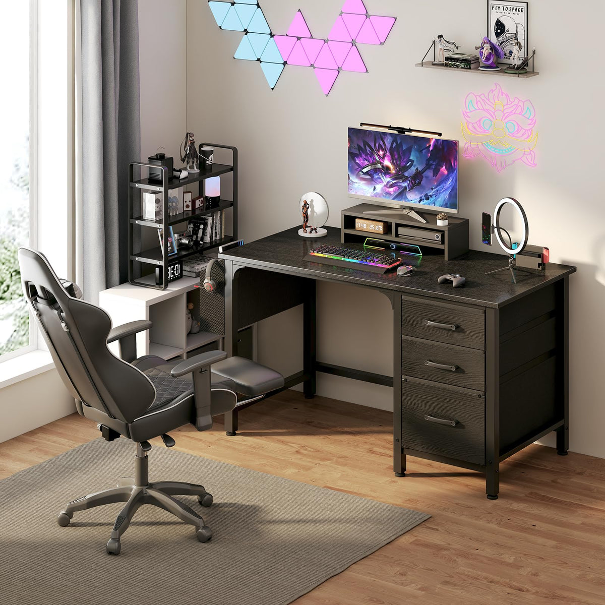 Black 47 Inch Computer Desk with File Drawers Cabinet W74789