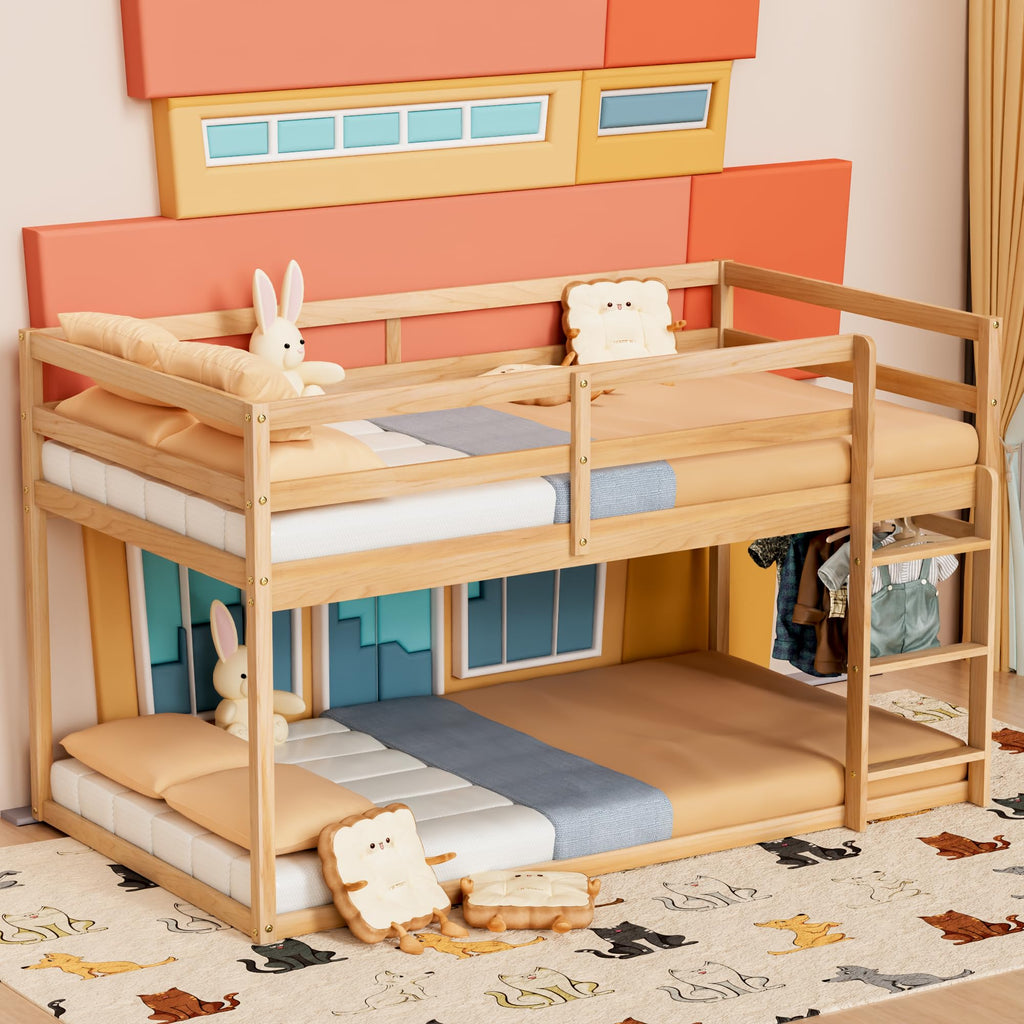 Twin Over Twin Low Bunk Bed with Ladder and Guardrails F621394