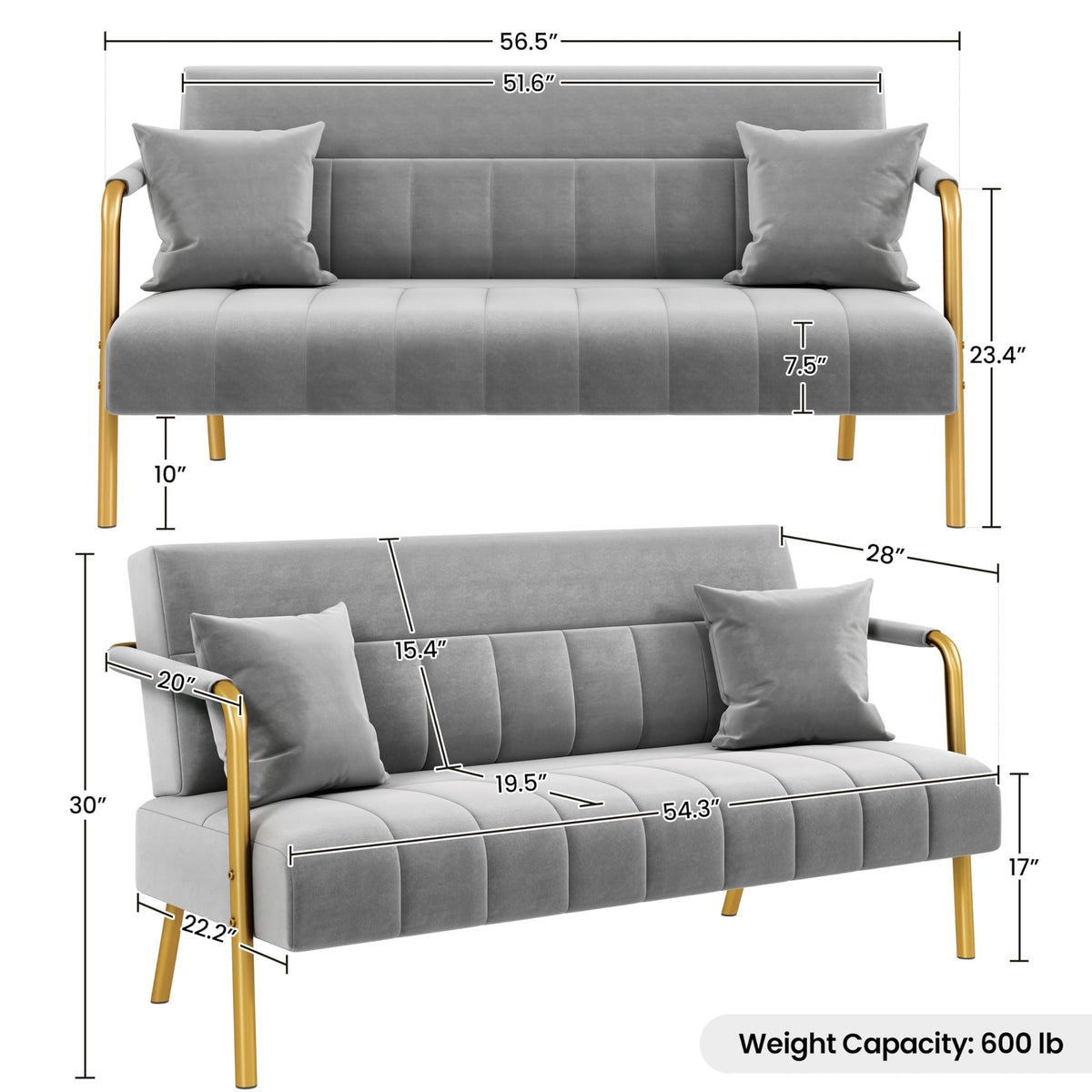 Light Gray 2 Seater Sofa with Gold-Tone Legs Q19677