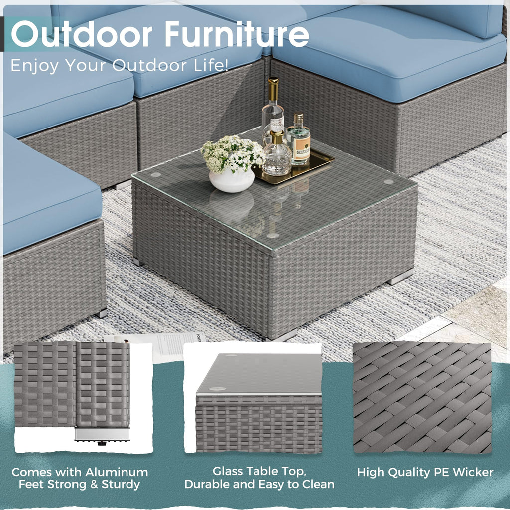 7 Piece Grey Wicker Rattan Patio Furniture Set with Glass Coffee Table F517751