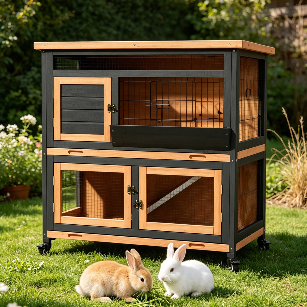 2-Story Wooden Rabbit Hutch with Wheel Y87563