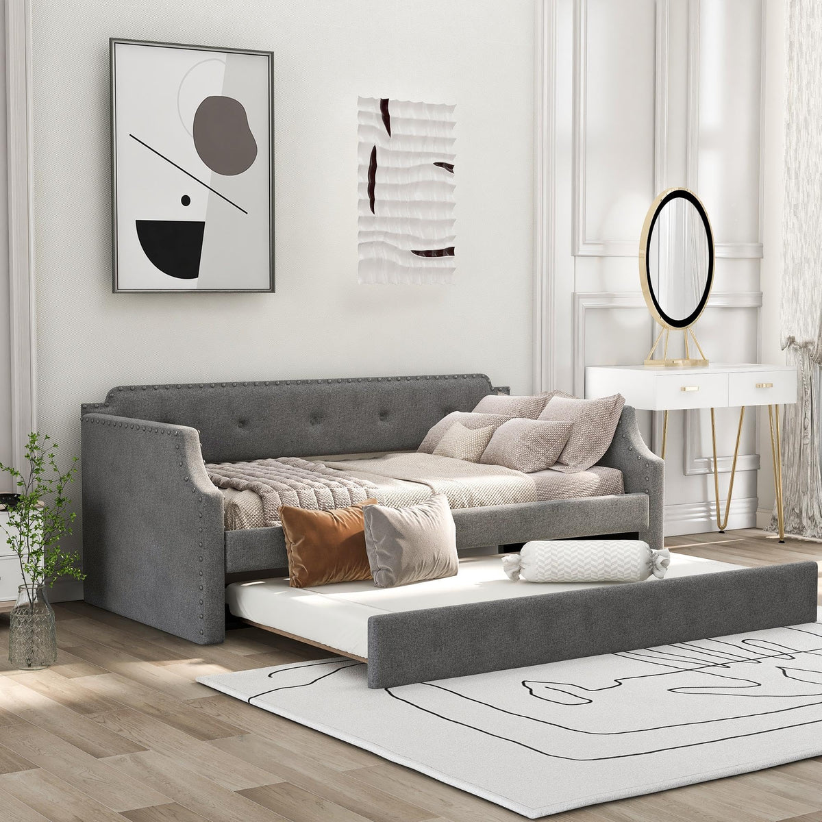 Gray Linen Upholstered Twin Daybed with Trundle X867