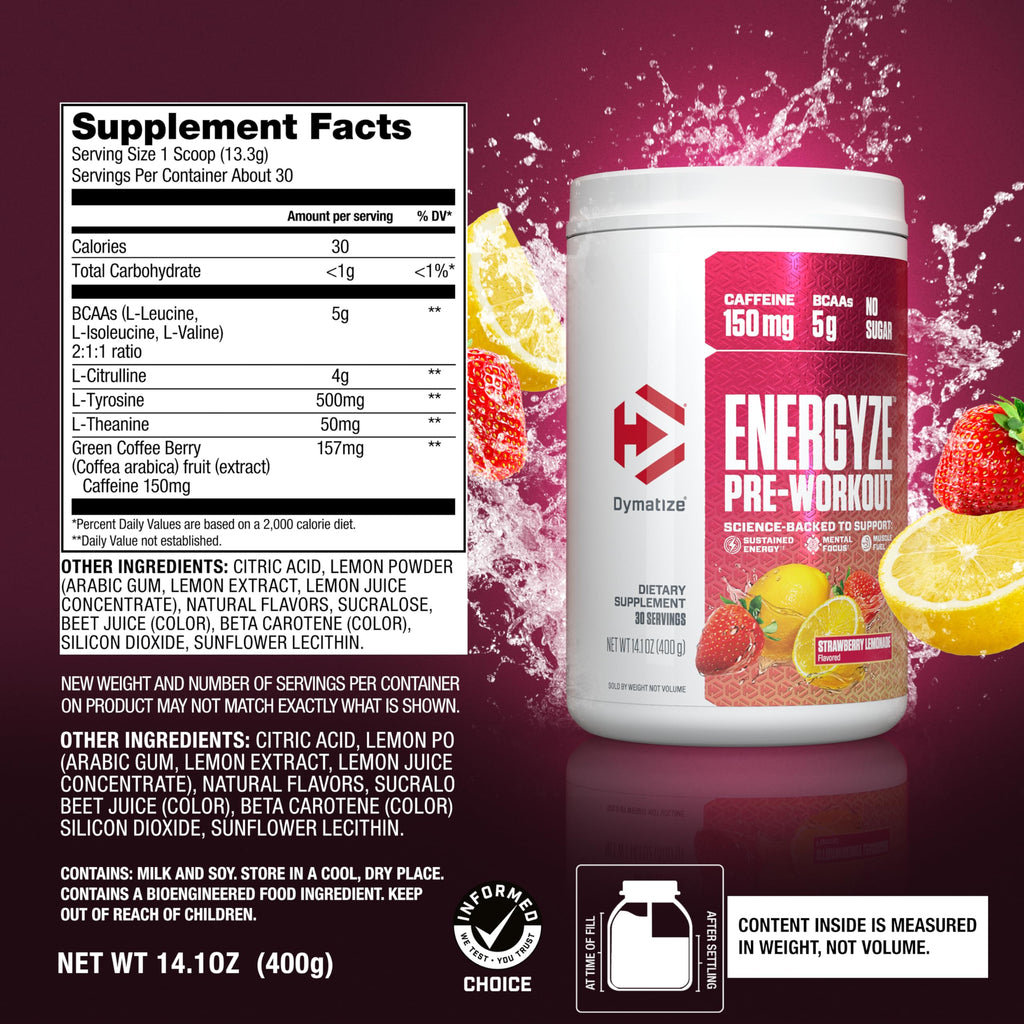 Pre Workout Powder Strawberry Lemonade 150mg Caffeine 5g BCAAs 30 Servings T38678