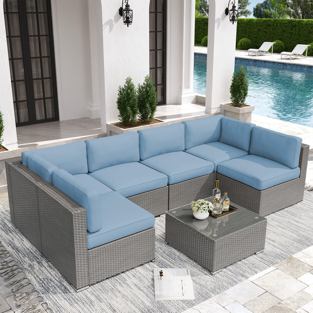 7 Piece Grey Wicker Rattan Patio Furniture Set with Glass Coffee Table F517751