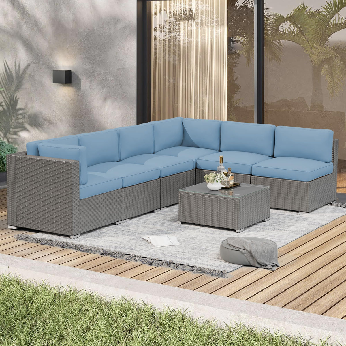 7 Piece Grey Wicker Rattan Patio Furniture Set with Glass Coffee Table F517751