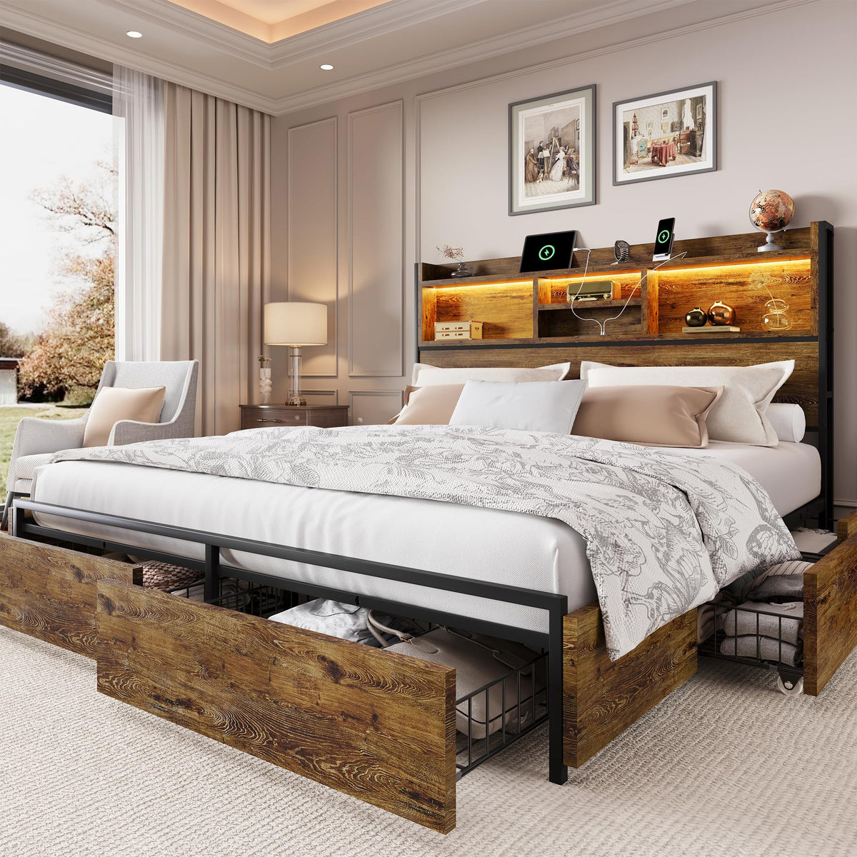King Size Wooden Platform Bed Frame with 6 Storage Drawers and Headboard A498930