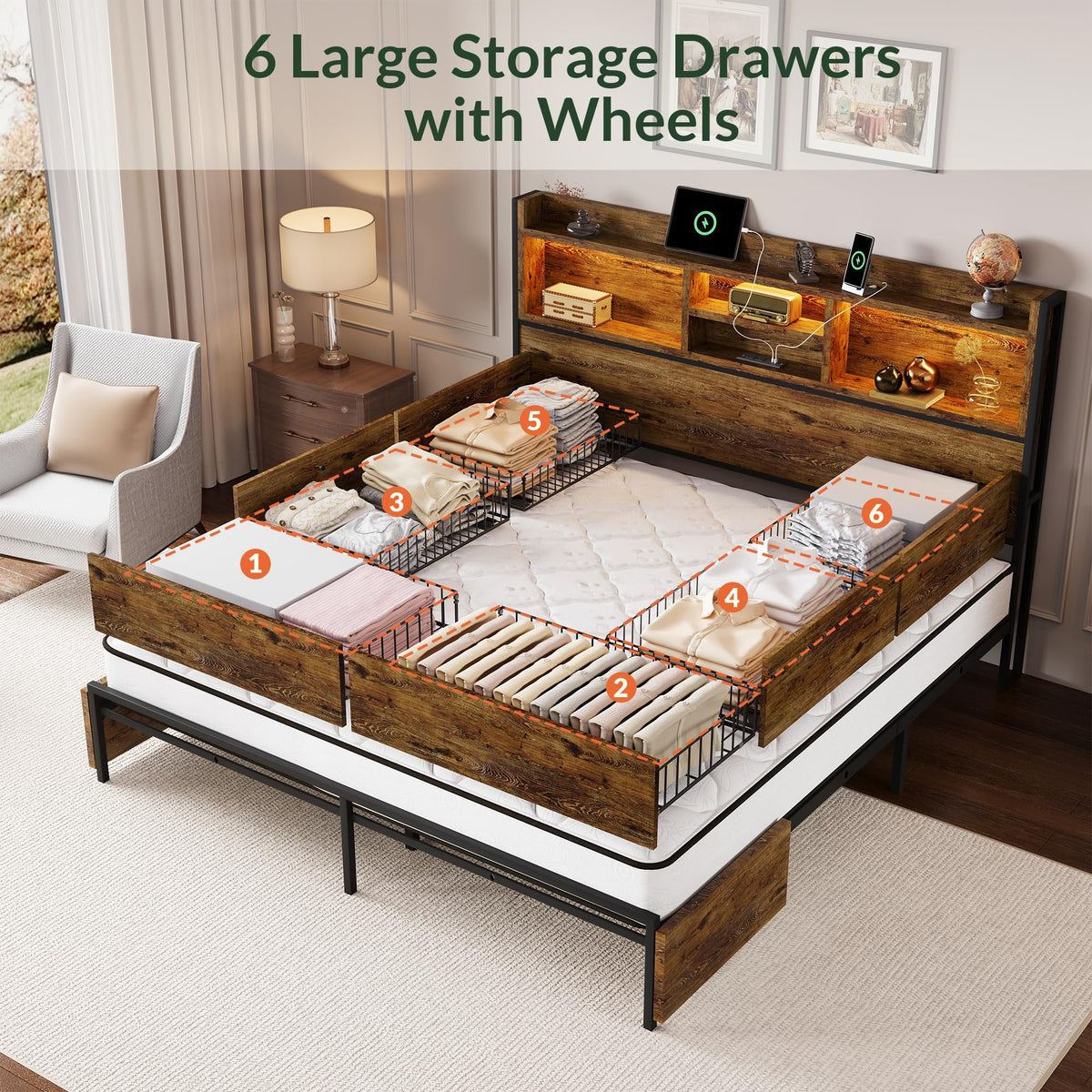 King Size Wooden Platform Bed Frame with 6 Storage Drawers and Headboard A498930