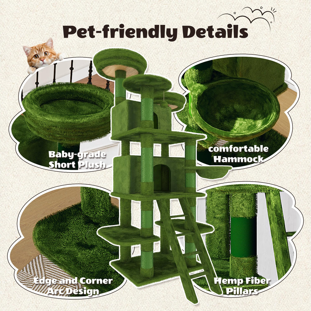 70.87" Green Multi-Level Cat Tree with Condos and Hammock F30502