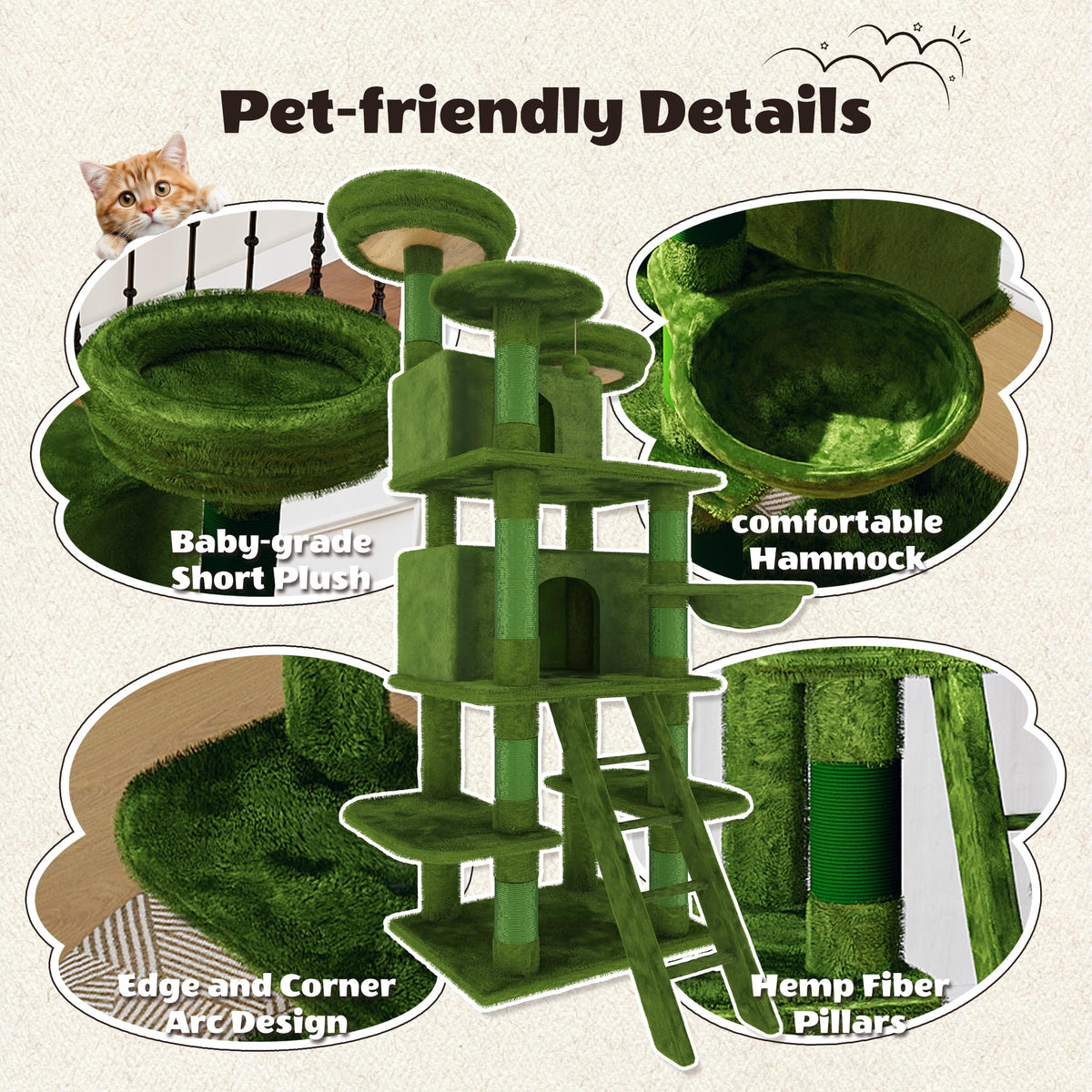 70.87" Green Multi-Level Cat Tree with Condos and Hammock F30502