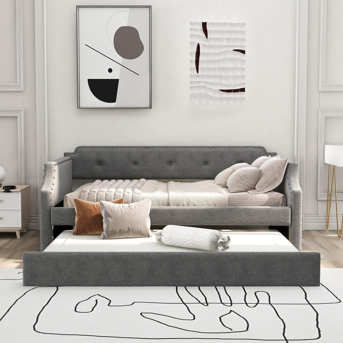 Gray Linen Upholstered Twin Daybed with Trundle X867