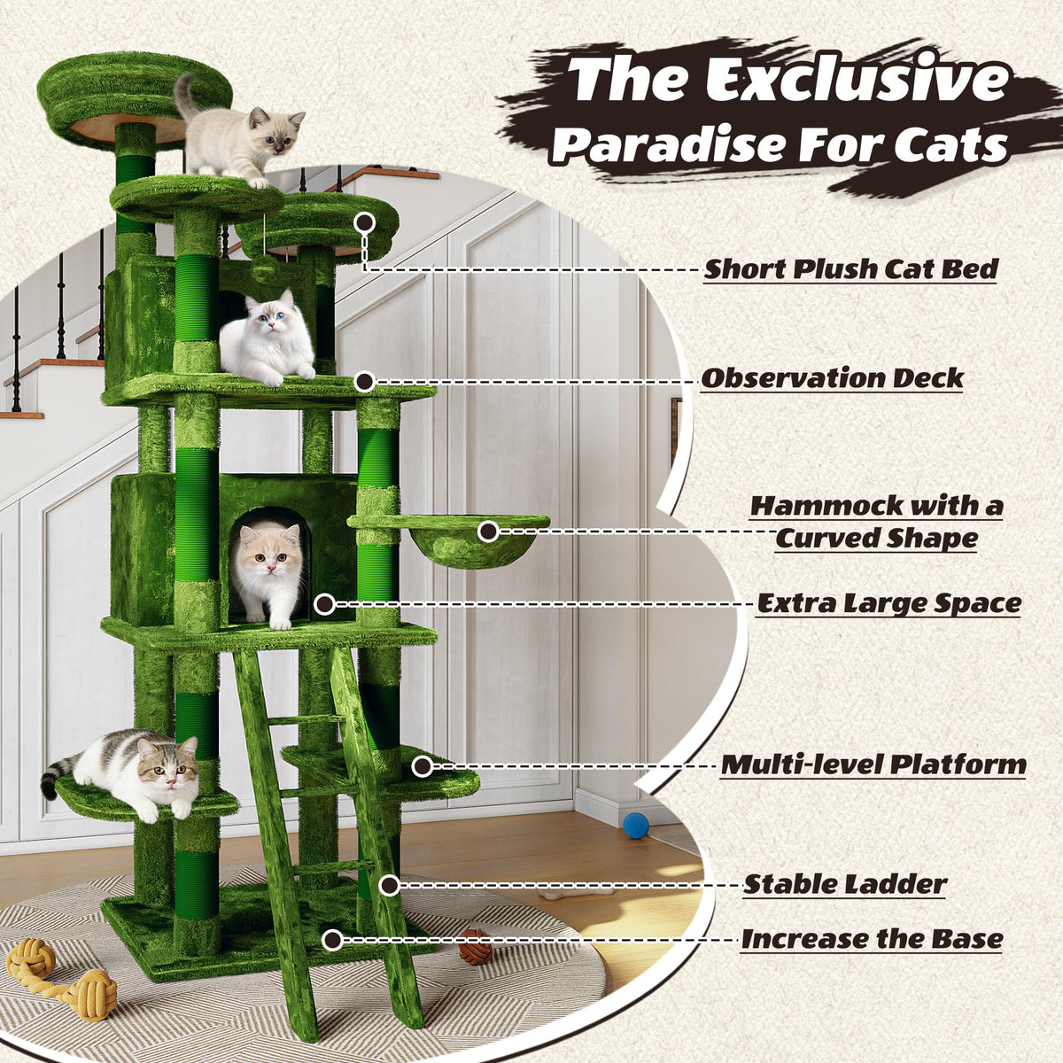 70.87" Green Multi-Level Cat Tree with Condos and Hammock F30502